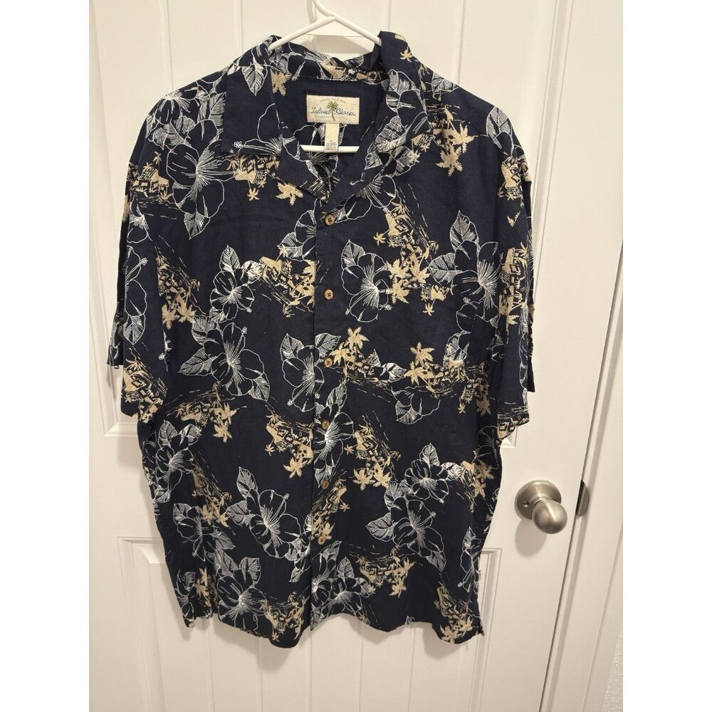 Island Shores Men's Hawaiian Shirt Navy Blue Linen/Cotton Blend Size Large